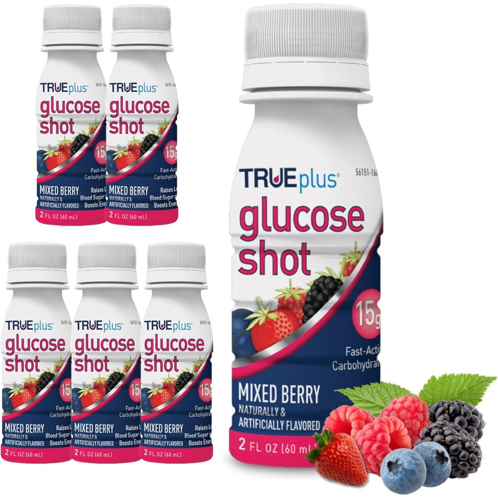 TRUEplus Glucose Shot Mixed Berry 6 pack front view for fast acting energy.