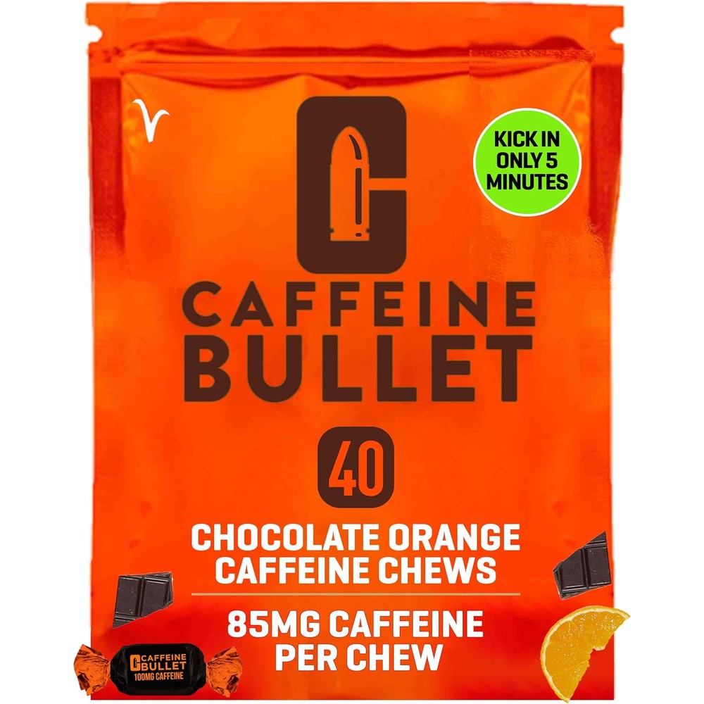 Caffeine Bullet Energy Chews Chocolate Orange 40 count pack front view for pre-workout energy