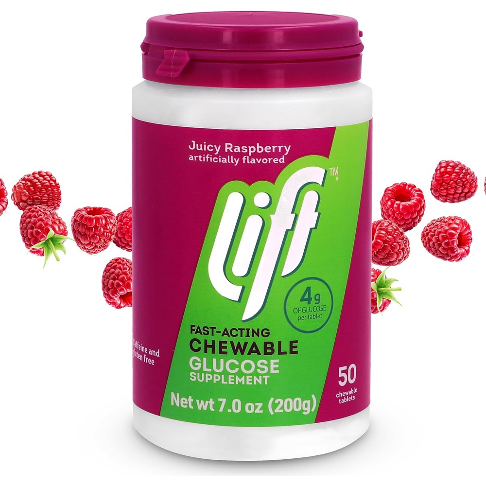 Lift Glucose Fast Acting Raspberry tablets jar front view for energy boost