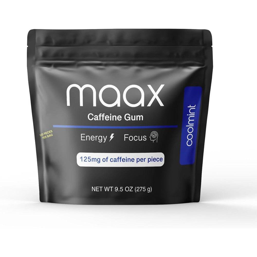 Maax Caffeine energy gum bag front view for fast acting focus.