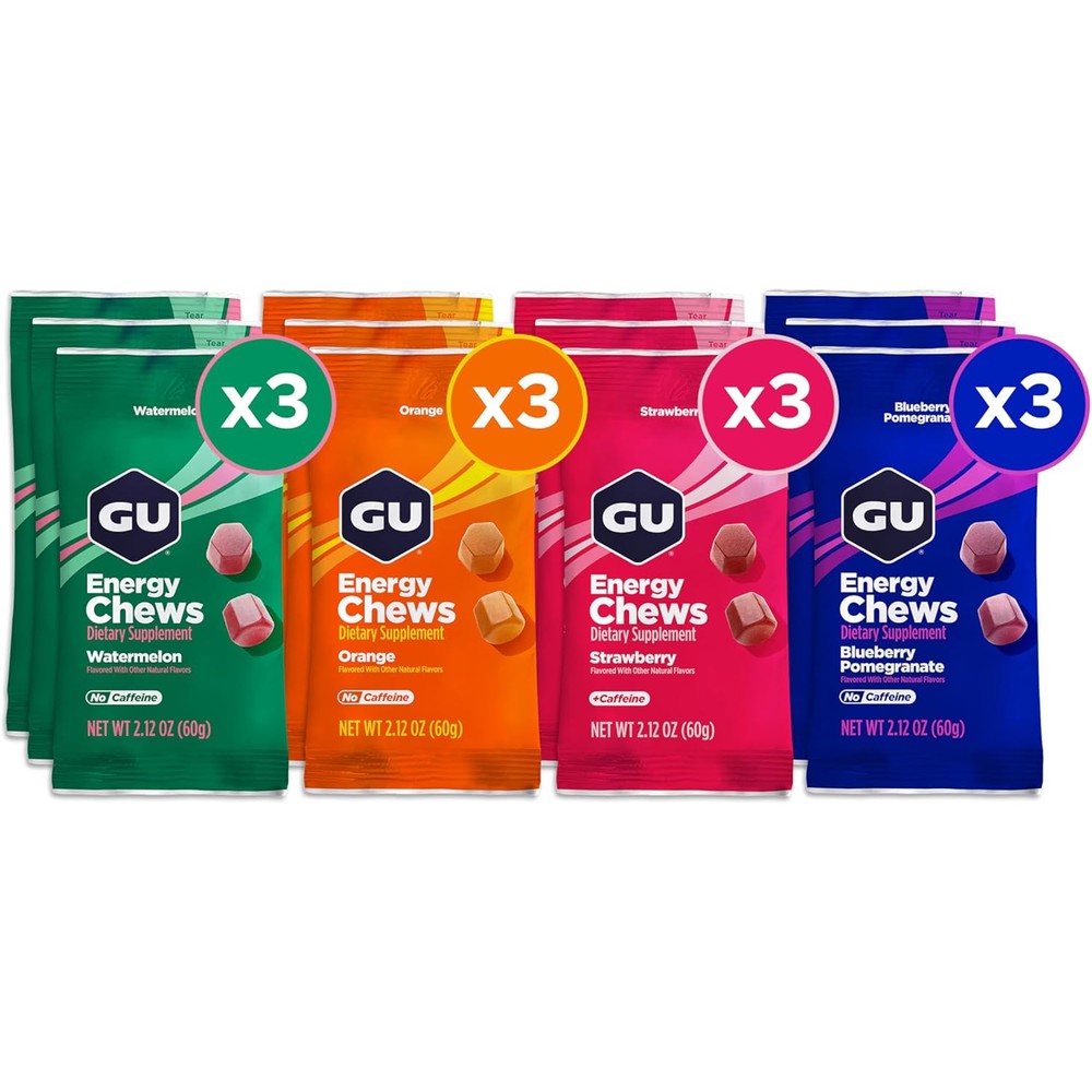 GU Energy Chews Variety Pack 12 Bags front view for endurance athletes.