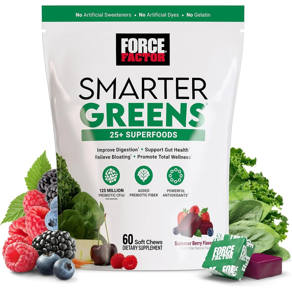 Force Factor Smarter Greens Superfood Chews front packaging view for gut health.