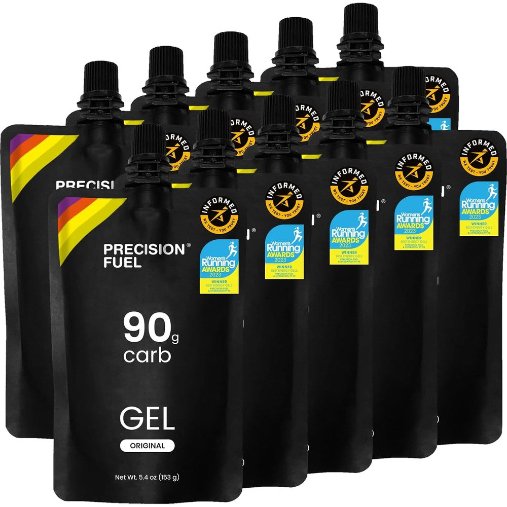 Precision Hydration PF90 Energy Gel front view of 90g carbohydrate pouch for marathon running.
