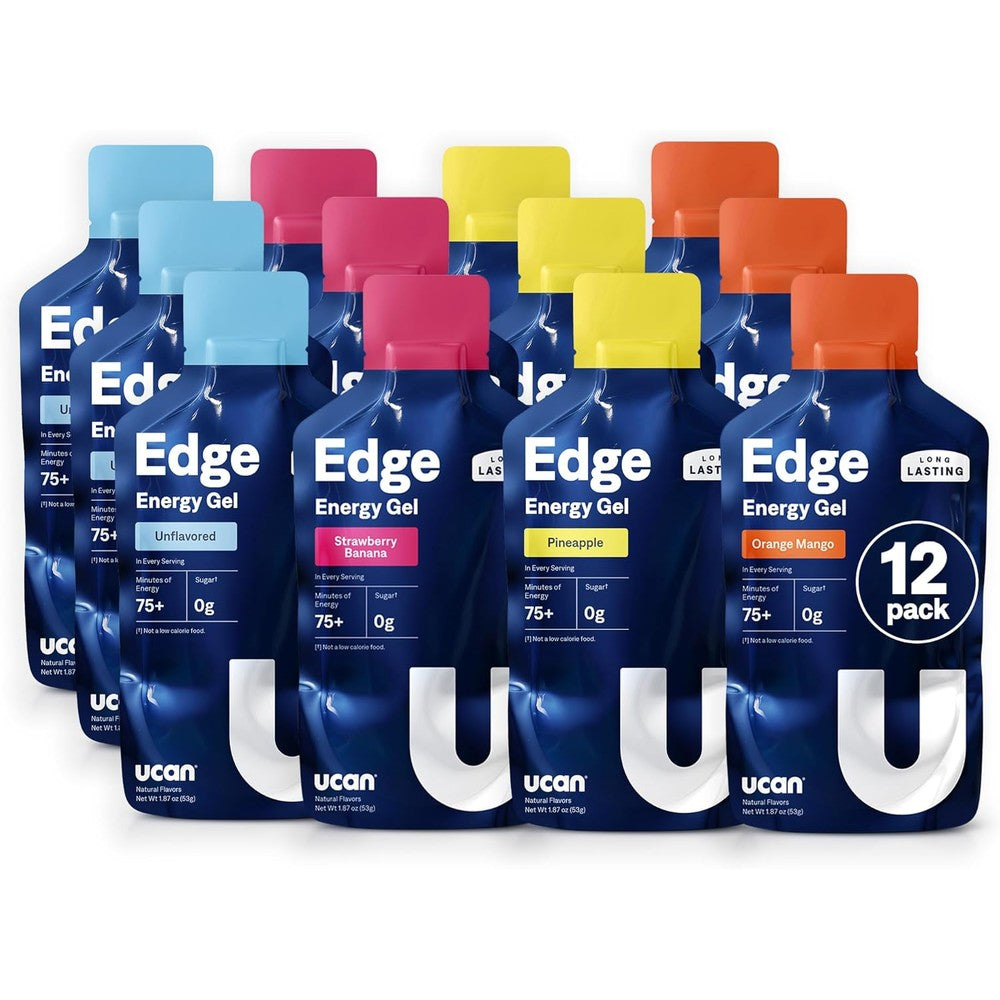 UCAN Edge Energy Gel Shots Variety Pack front view showing 12 pouches for endurance running.
