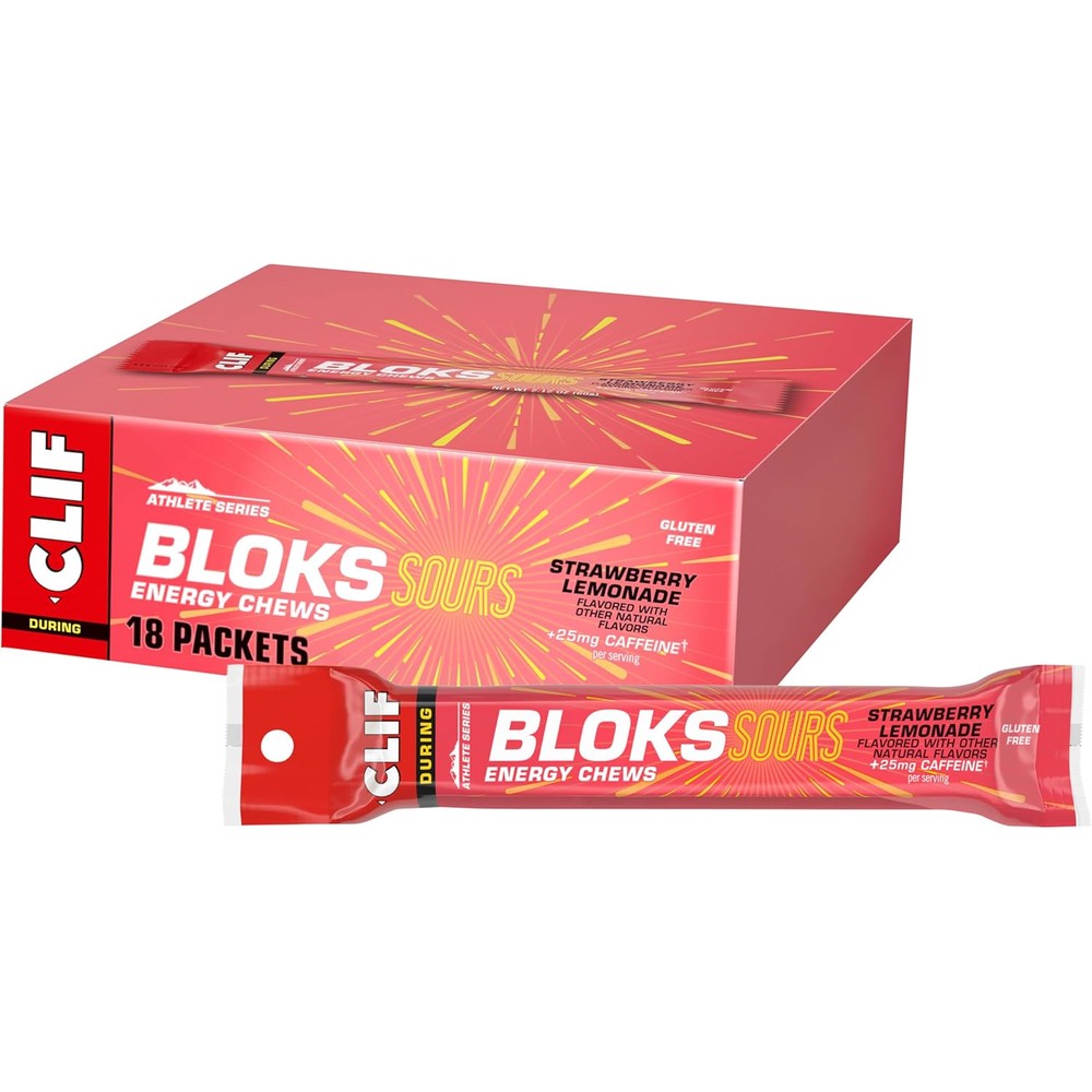 Clif Bloks Sours Strawberry Lemonade front view energy chews for athletes.