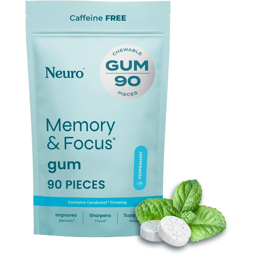 Neuro Memory and Focus Gum 90 count bottle front view for cognitive support.
