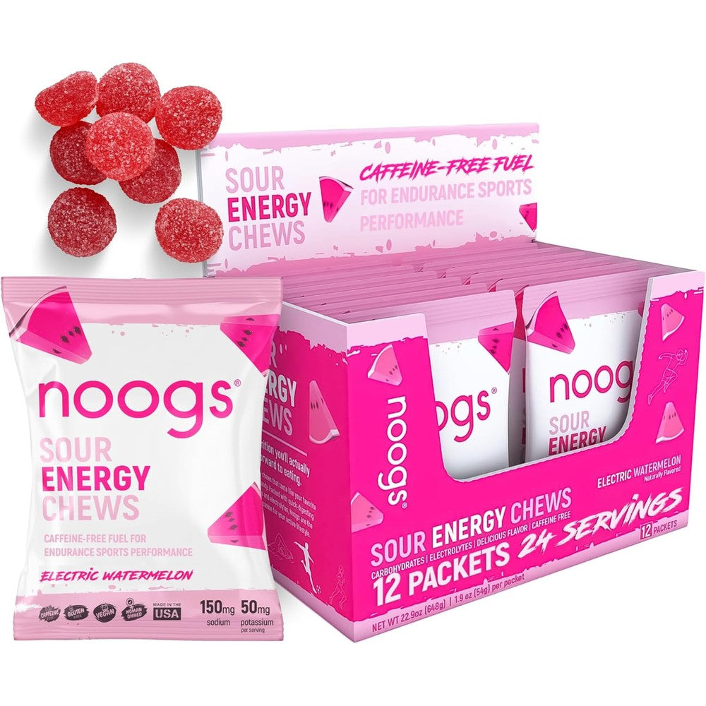 Noogs Sour Energy Chews Electric Watermelon 12 Pack box front view for endurance athletes.