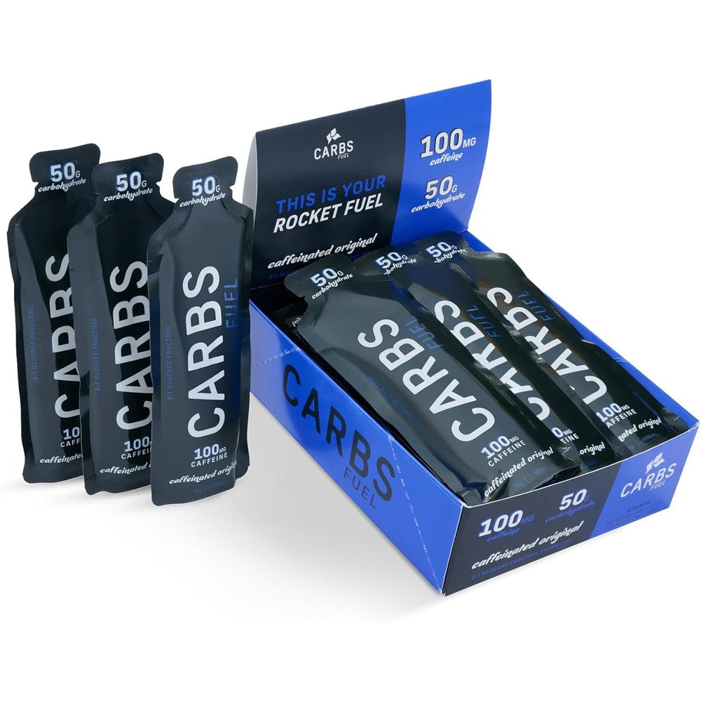 Carbs Fuel Caffeinated Original 50g Energy Gel front view showing 50 grams carbohydrate count.