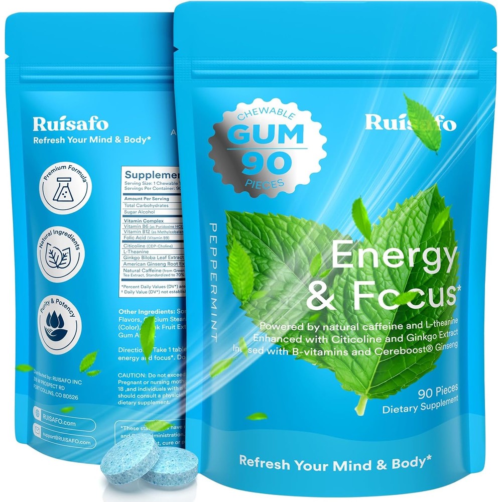 RUISAFO Focus Gum 90 piece pouch front view showing caffeine and L-theanine content.