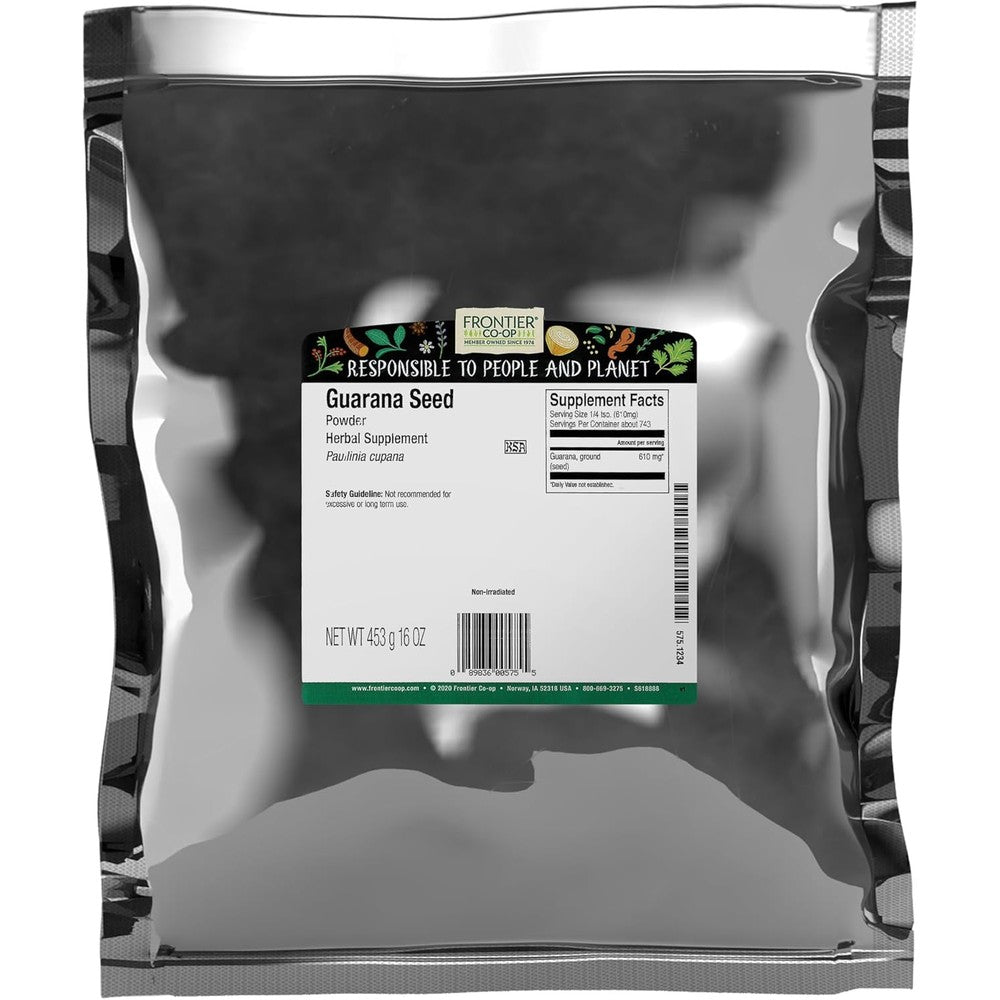 Frontier Co-op Pure Guarana Seed Powder 1 pound bag front view for natural energy supplement.