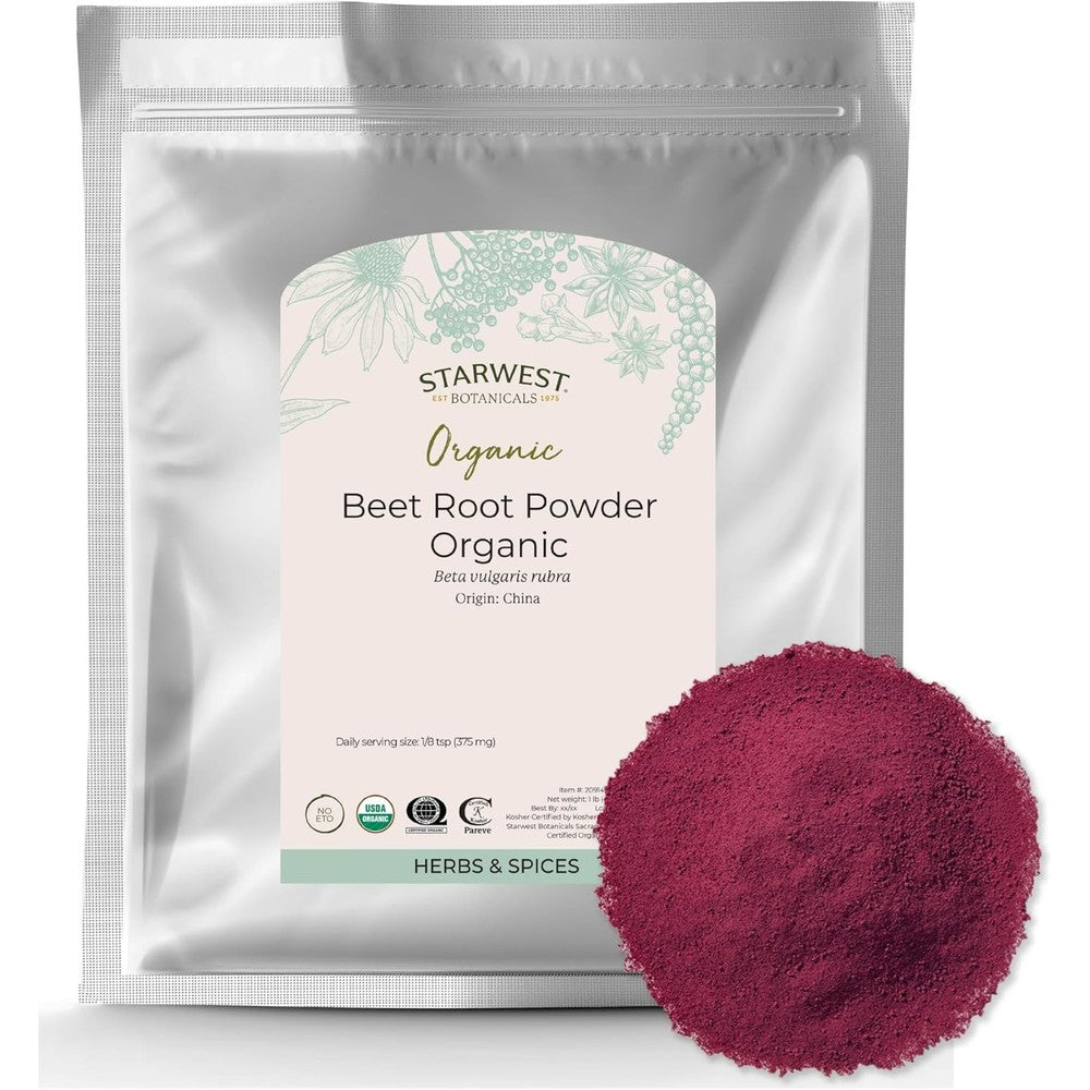 Starwest Botanicals Organic Beet Root Powder 1 pound bag front view for heart health.