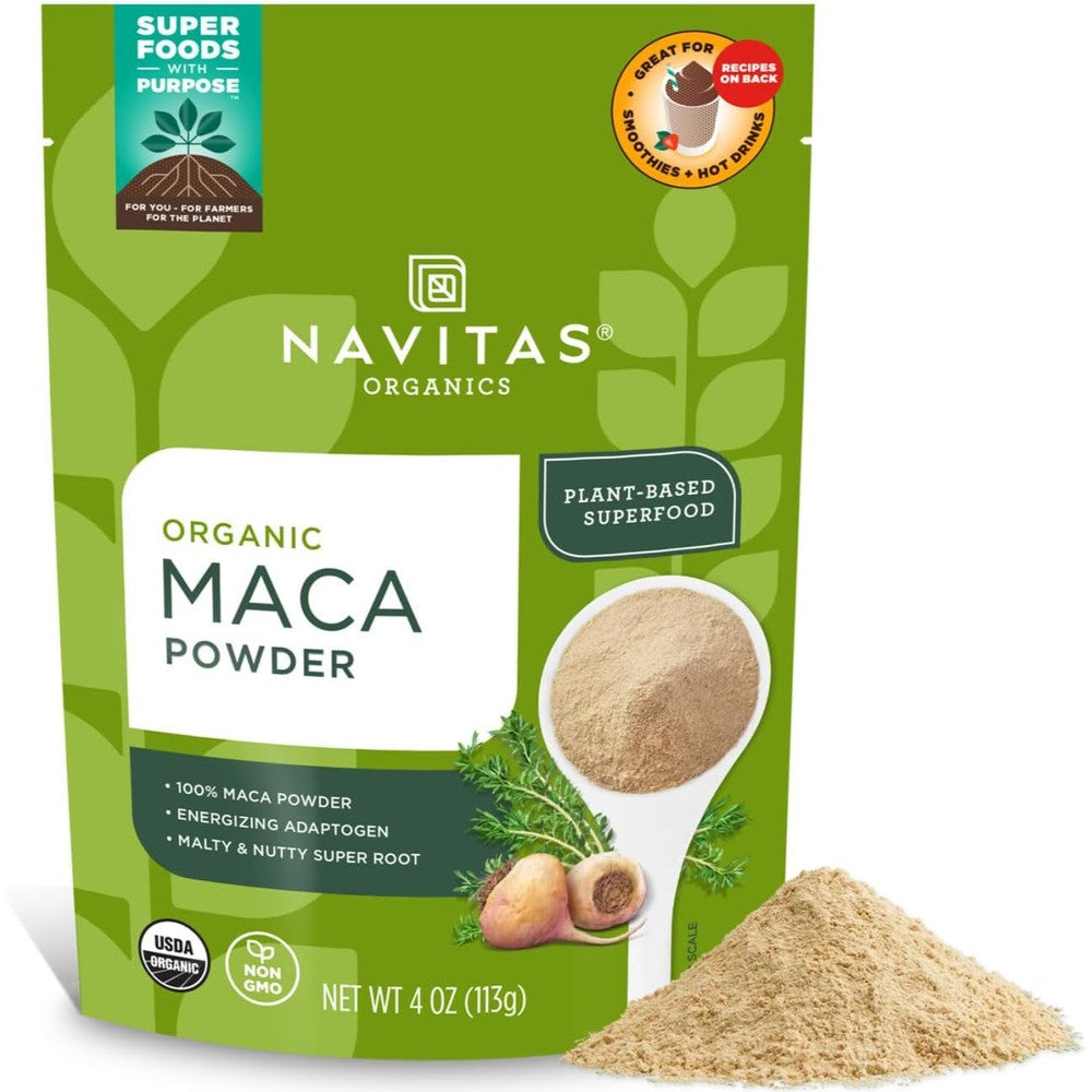 Navitas Organics Gelatinized Maca Powder 4 Ounce bag front view for energy supplement.
