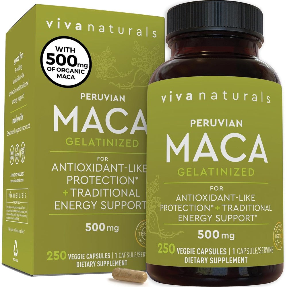 Viva Naturals Peruvian Maca Root 250 veggie capsules bottle front view