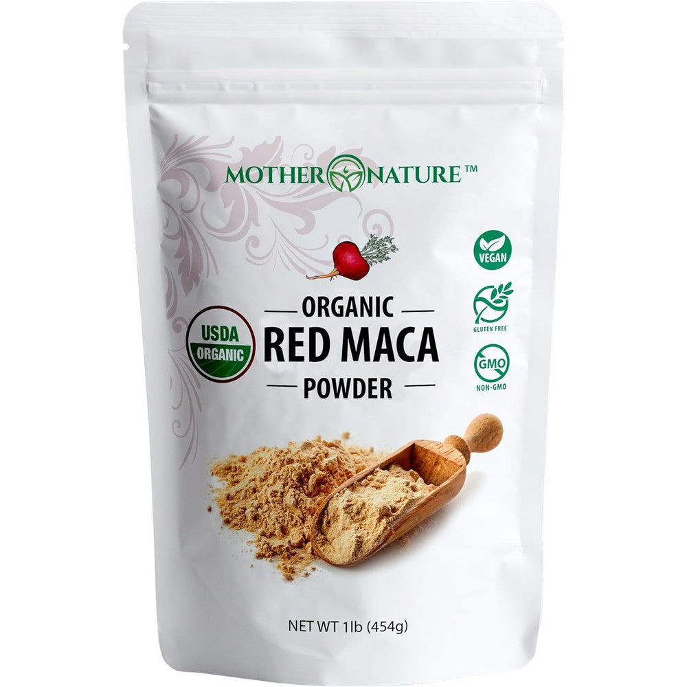Mother Nature Organics Red Maca Root Powder 16 ounce front bag view.