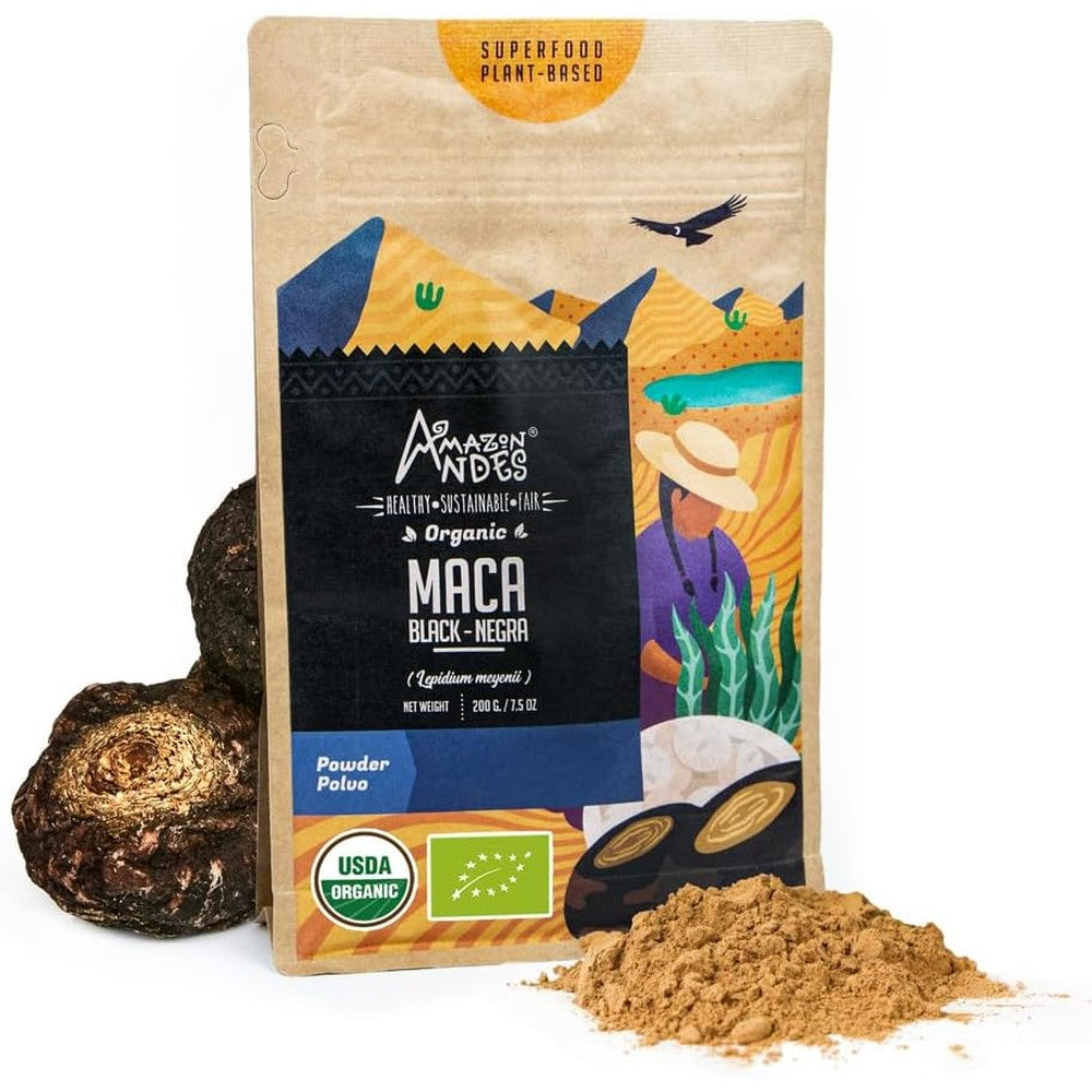 Amazon Andes Black Maca Root Powder (Lepidium meyenii) - contains Carbohydrates & Minerals - Adaptogen superfood & Health Promoter - Gelatinized, Vegan, Non-GMO & Allegen-free - 7 Ounce (40 Servings)