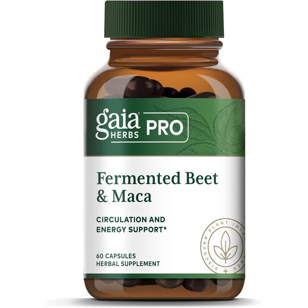 Gaia Herbs PRO Fermented Beet and Maca 60 capsules front bottle view for energy support