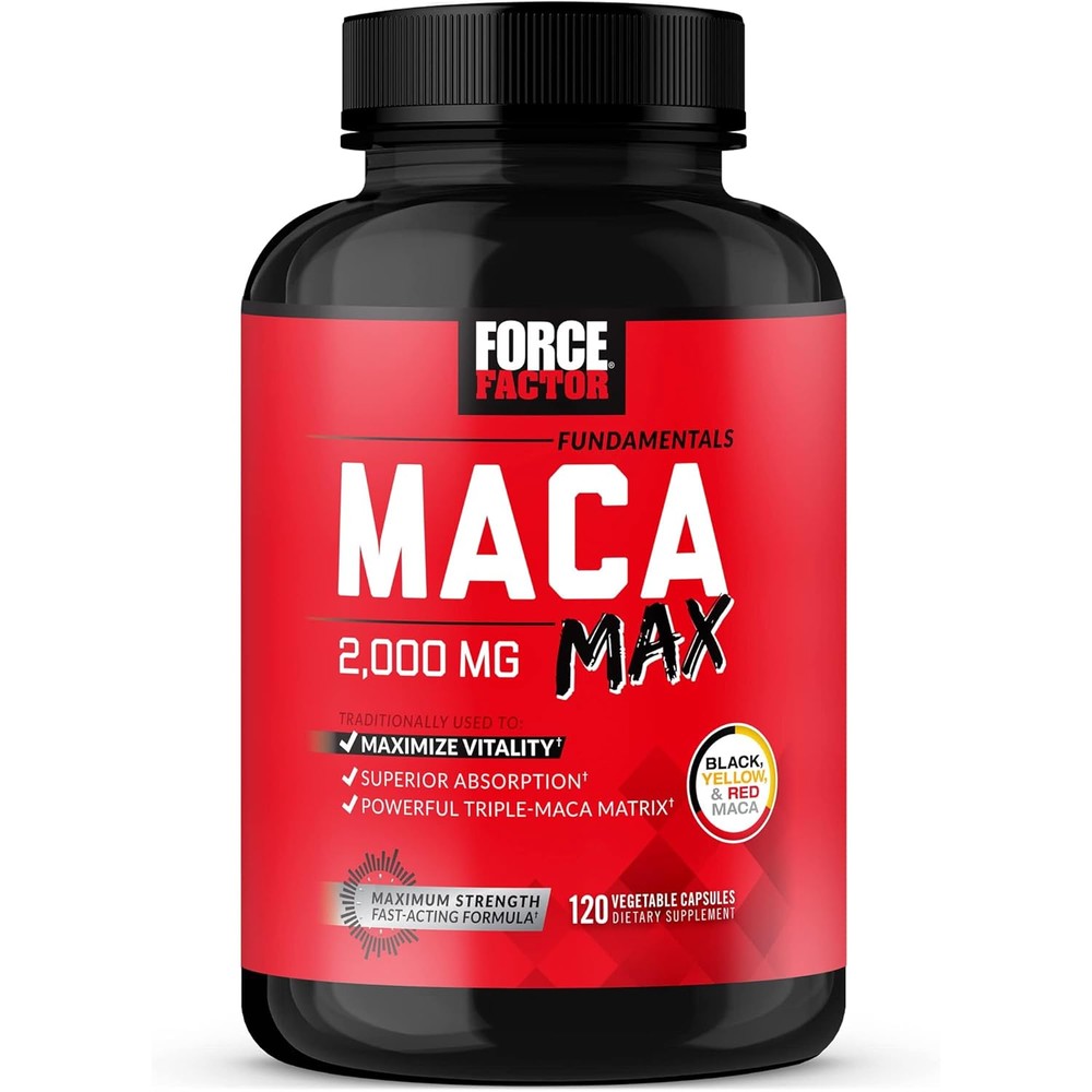 Force Factor Maca Max 2000mg 120 capsules front bottle view for vitality support.