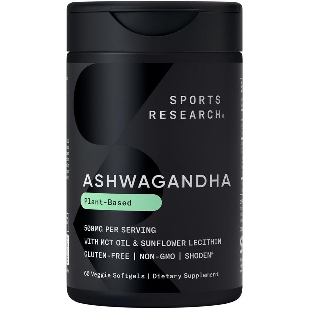 Sports Research Ashwagandha Shoden bottle front view for stress relief