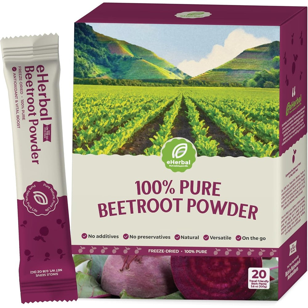 eHerbal Pure Freeze Dried Beet Root Powder front view of box and stick packs