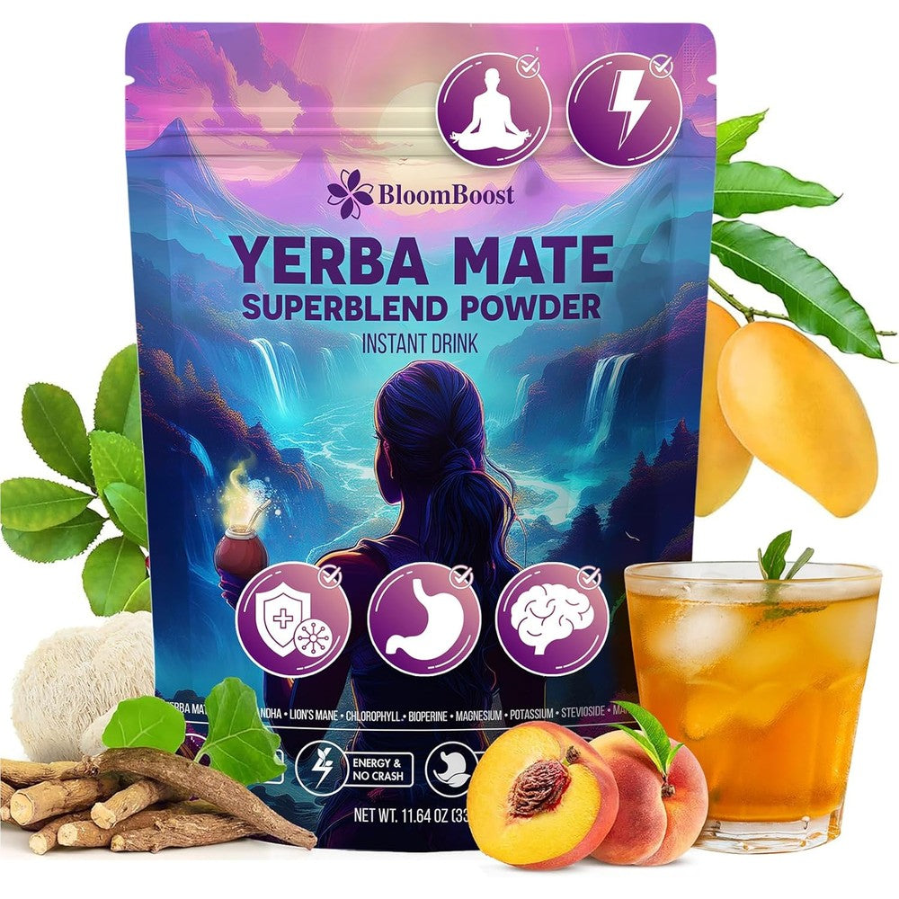 Yerba Mate Instant Tea Powder for Clean Energy & Mental Focus with Lion’s Mane & Ashwagandha, Sugar-Free Superfood Blend – Peach Mango Flavor, 30 Servings