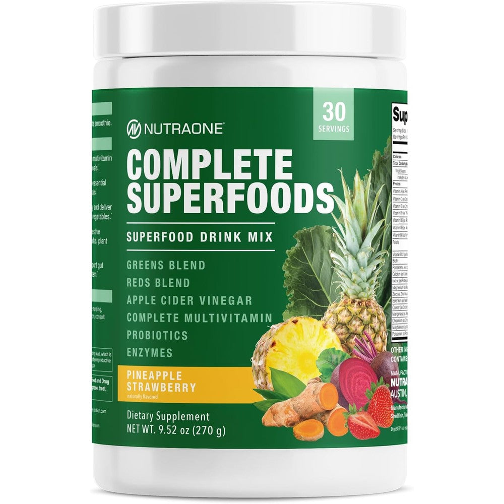 NutraOne Complete Superfoods Pineapple Strawberry canister front view daily wellness supplement