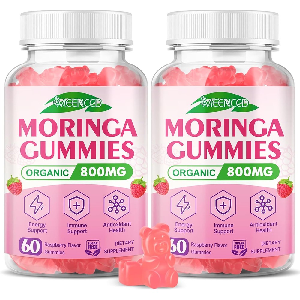 2 Pack Moringa Gummies - Pure Moringa Leaf Supplement for Adults, Energy, Immune & Skin Health Superfood, Rich in Essential Vitamins, Antioxidants & Amino Acids, Raspberry Flavor, 120 Count