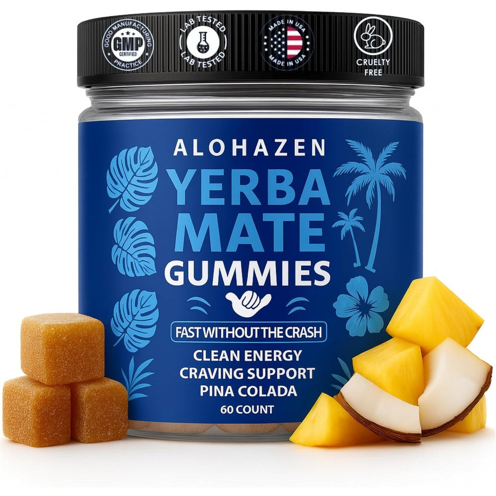 AlohaZen Yerba Mate Gummies | Natural Caffeine with L-Theanine & Chromium Picolinate for Energy & Appetite Support – Vegan, Non-GMO, Tropical Pina Colada Yerba-Mate Gummy – 60 Count