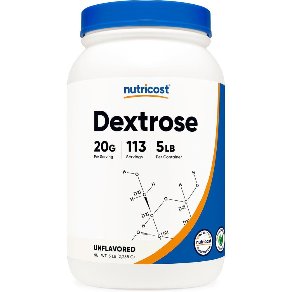 Nutricost Dextrose Powder 5 Pounds container front view showing clean carbohydrate supplement labeling
