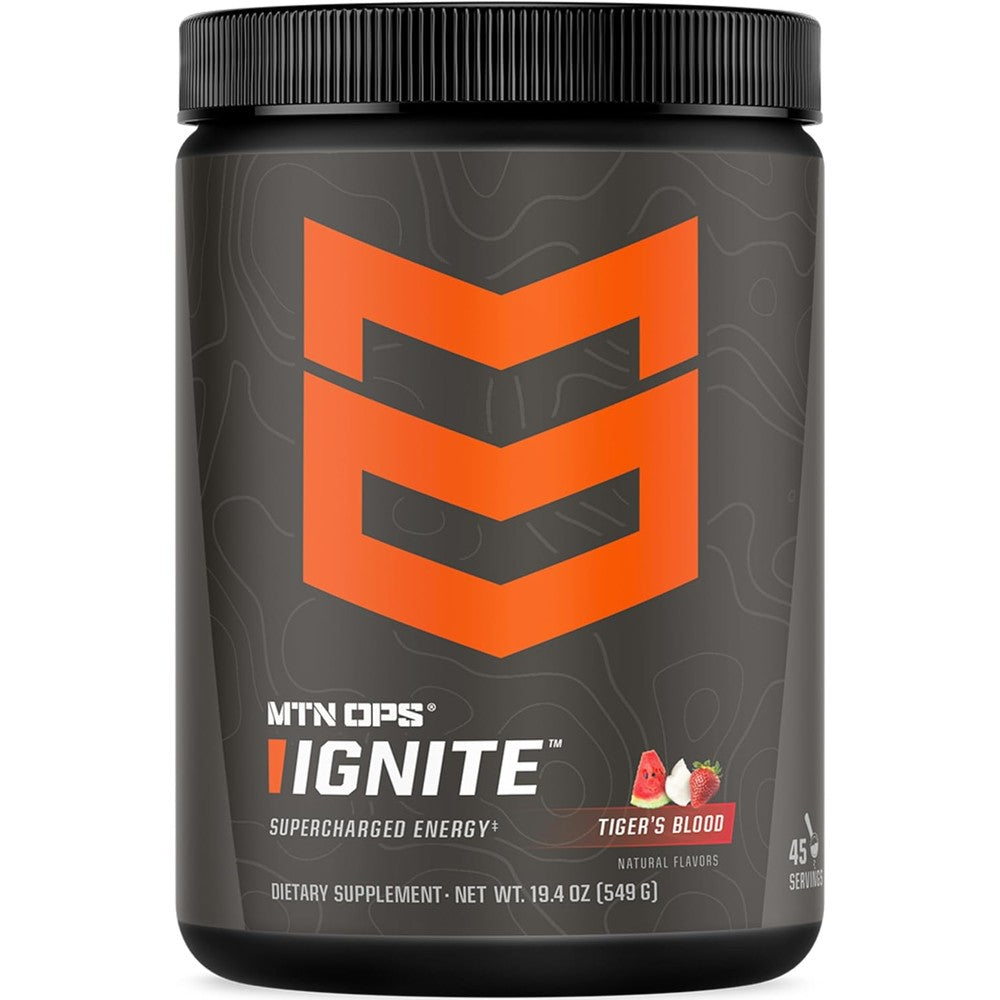 MTN OPS Ignite Energy Drink Powder Tiger's Blood flavor 45 servings tub