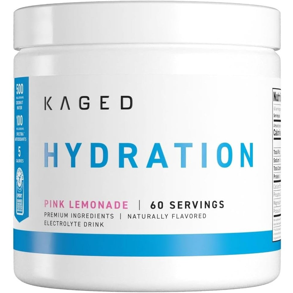 Kaged Hydracharge pink lemonade electrolyte hydration powder 60 servings tub