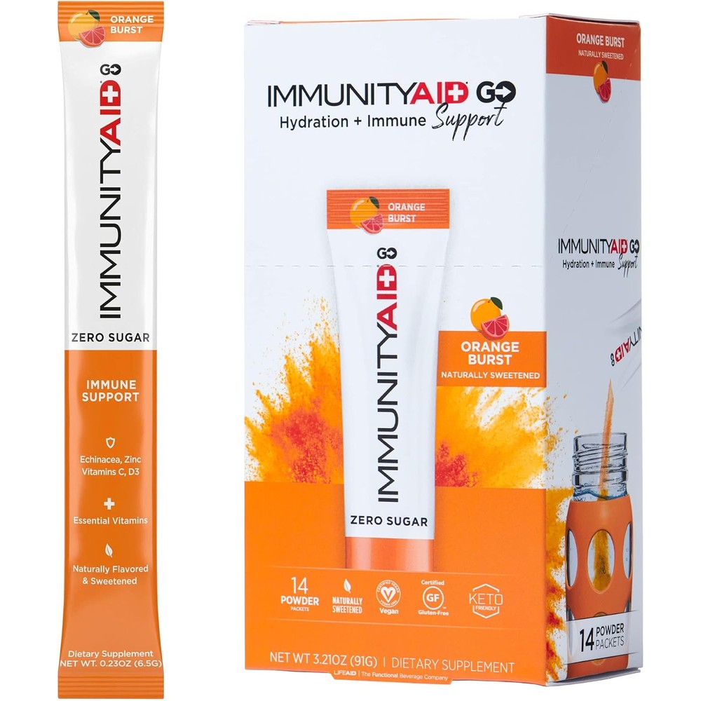Lifeaid Immunityaid Go front view of orange burst flavored packaging.