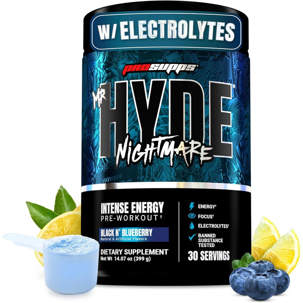 ProSupps Mr. Hyde Nightmare Pre Workout Black N' Blueberry front label showing 30 servings.