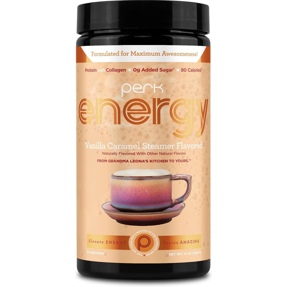 Perk Energy Original Vanilla Caramel Steamer powder tub front view for morning energy.