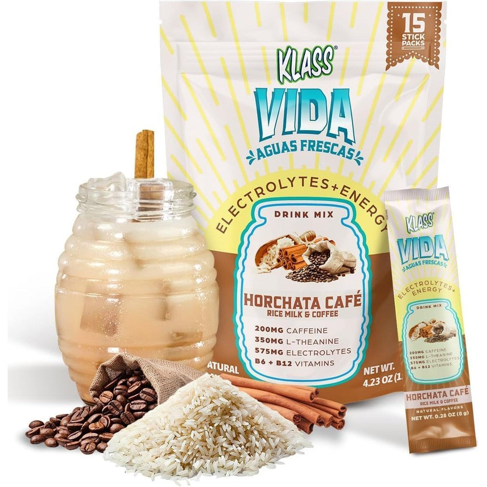 Klass Vida hydration and energy electrolyte drink mix coffee horchata box