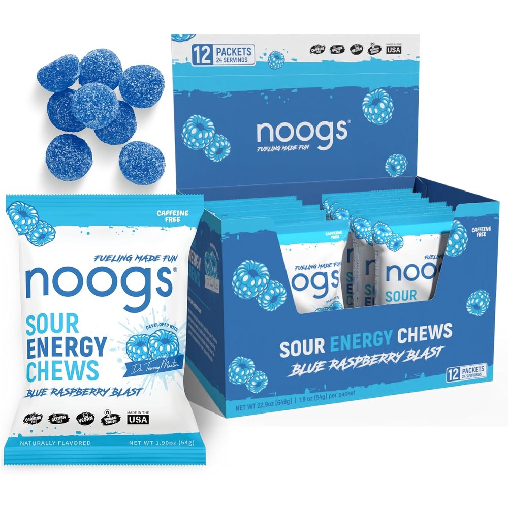 Noogs Sour Energy Chews Blue Raspberry Blast front packaging view for electrolyte replenishment.