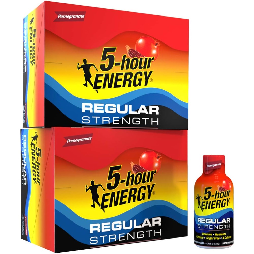 5 hour ENERGY Regular Strength Pomegranate 24 Count box front view for energy supplement.