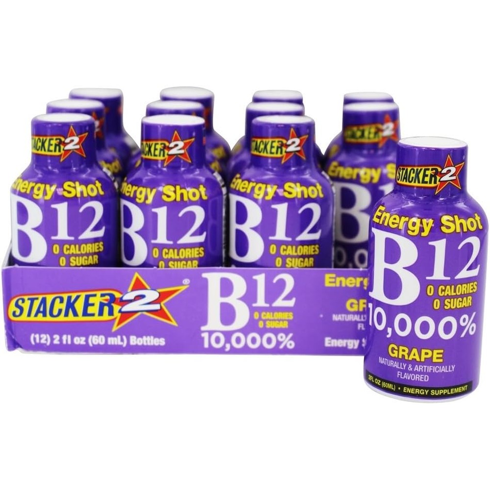 Stacker 2 Grape B12 Energy Shot 12 Pack front view focus booster