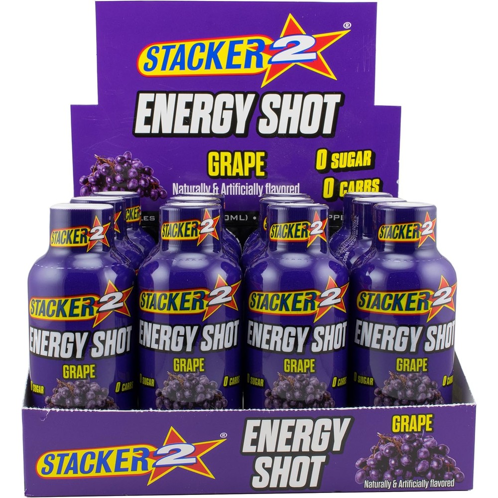Stacker 2 Energy Shots Grape Flavor 24 Bottle Pack front view authentic USA imported supplement