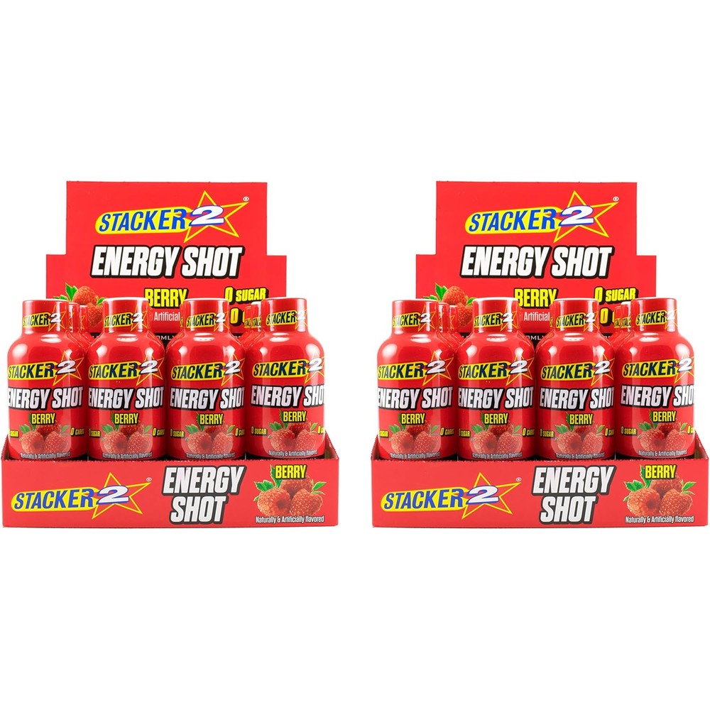 Stacker 2 Energy Shots Berry 24 pack front view for imported energy boost.