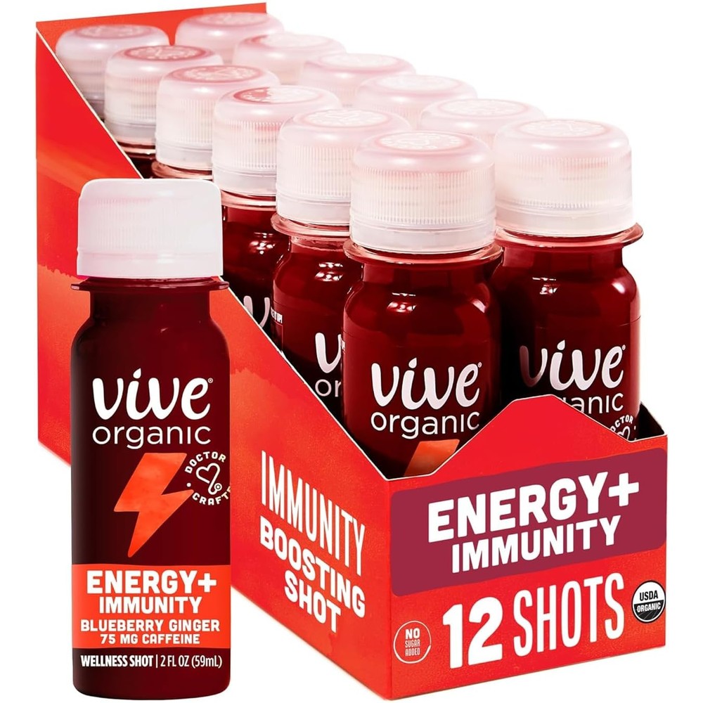 Vive Organic Energy Plus Immunity Shot front view 12 pack for natural energy