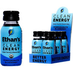 Ethan's Organic Clean Energy Shots Pomegranate Blueberry front view with natural caffeine ingredients.