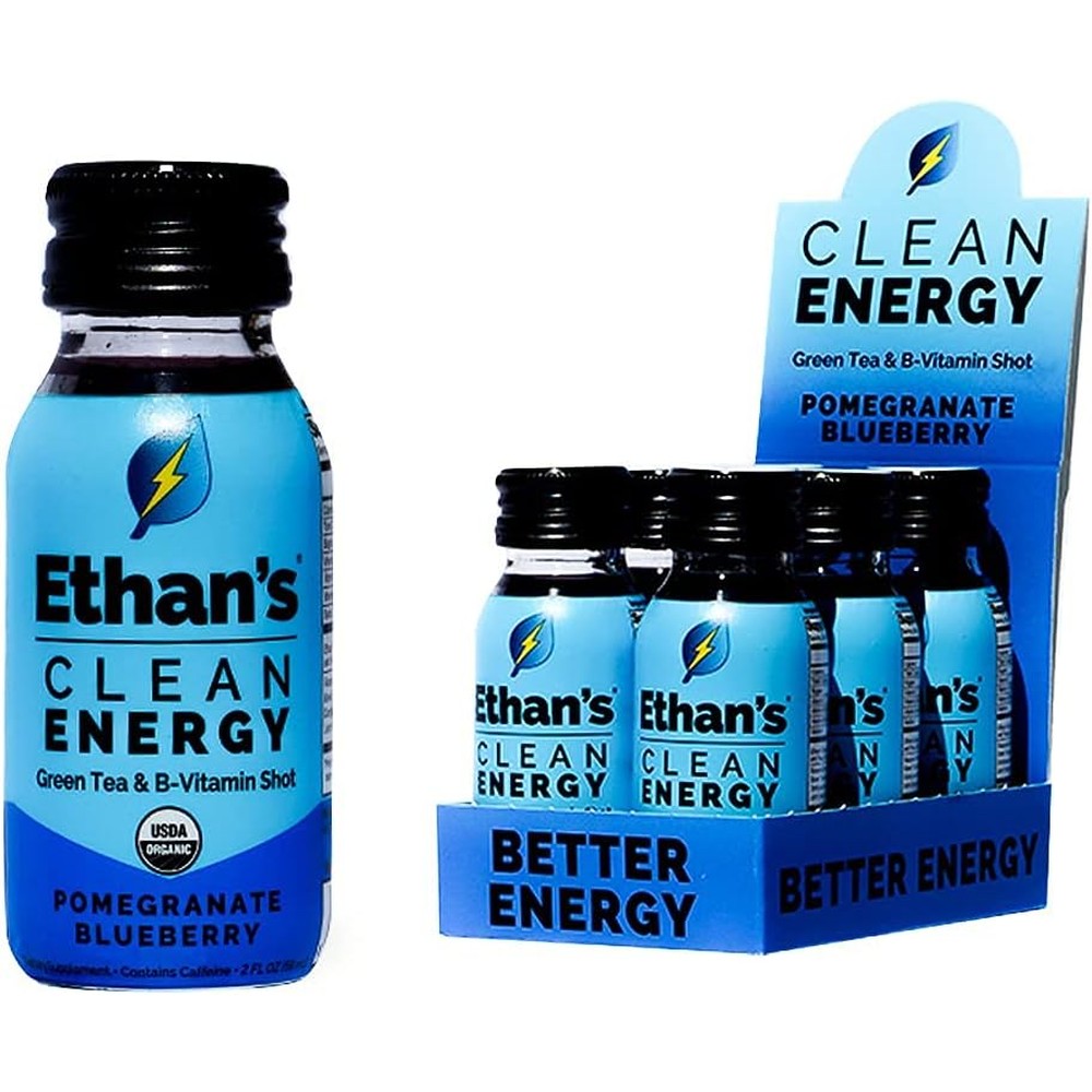 Ethan's Organic Clean Energy Shots Pomegranate Blueberry front view with natural caffeine ingredients.