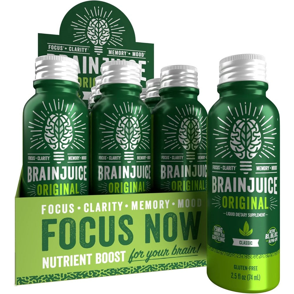 BrainJuice Focus and Energy Drink Shots front view of 12 pack box