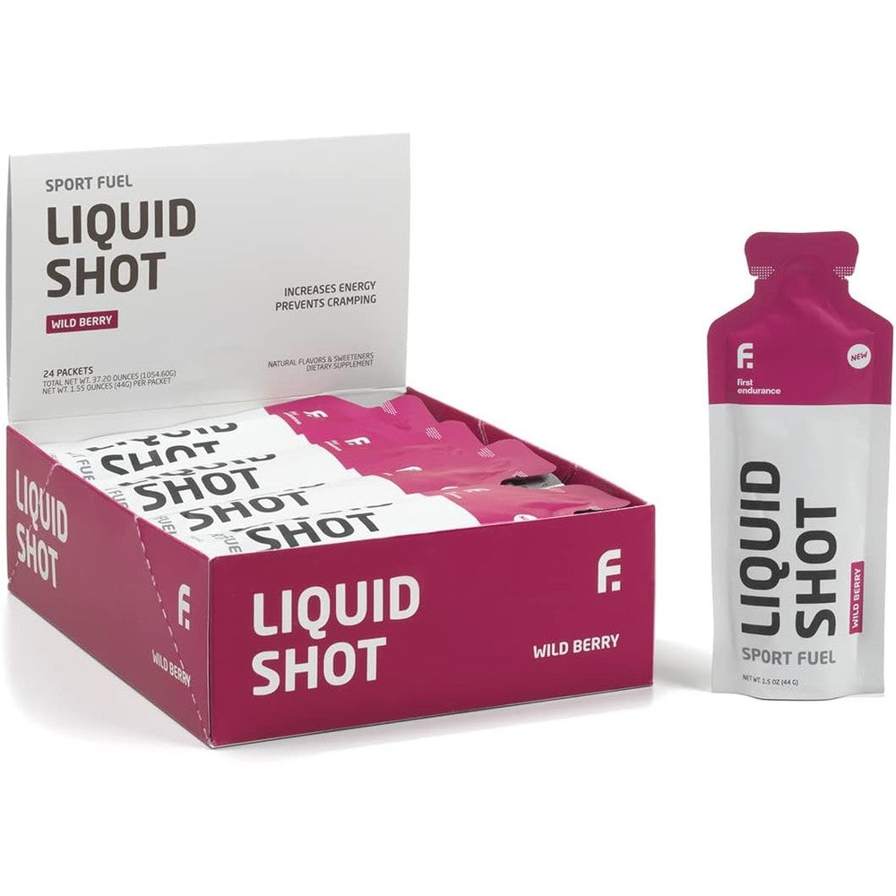 First Endurance Liquid Shot Wild Berry front packaging view for endurance athletes