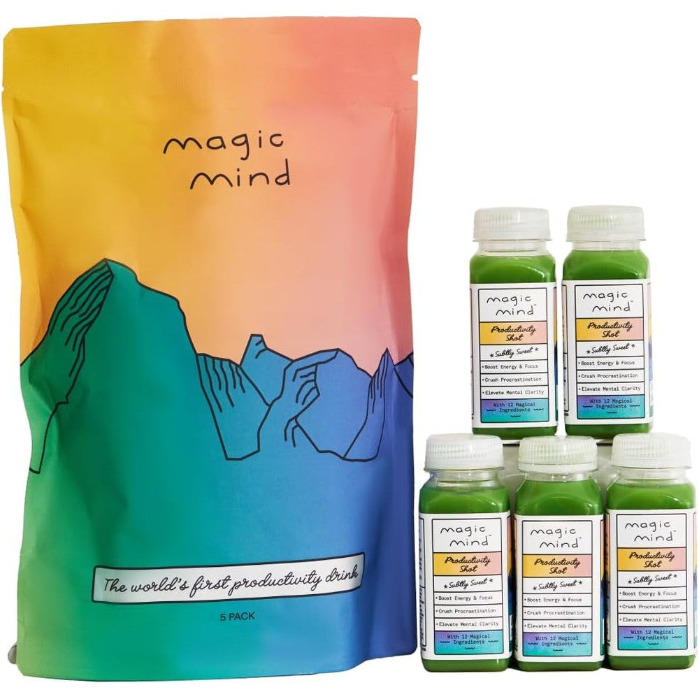 Magic Mind Focus Energy Drink Shots 5 pack front view with bottle labels visible.