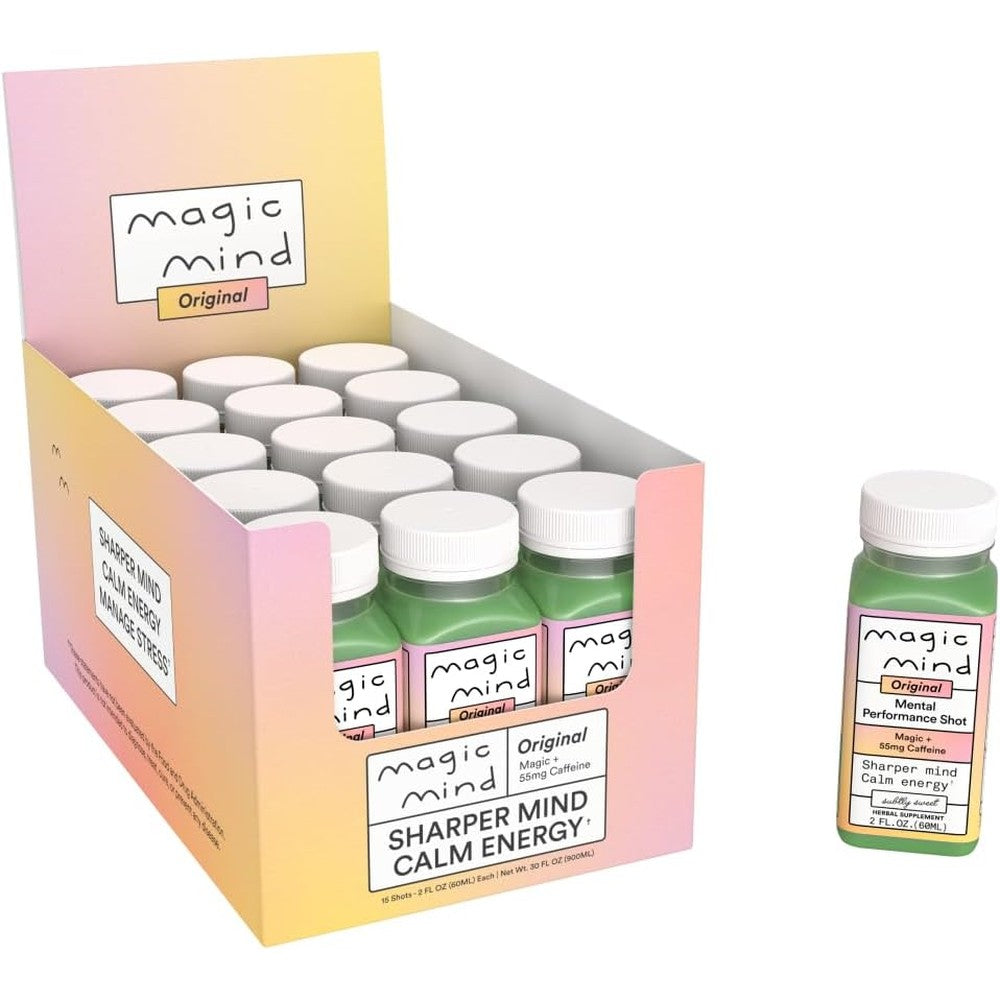 Magic Mind Mental Performance Energy Drink Shots front view 15 pack box for productivity.