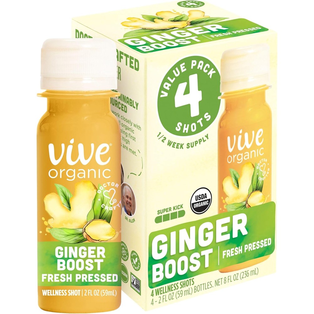 Vive Organic Ginger Boost Wellness Shot 4-pack front view for immune support
