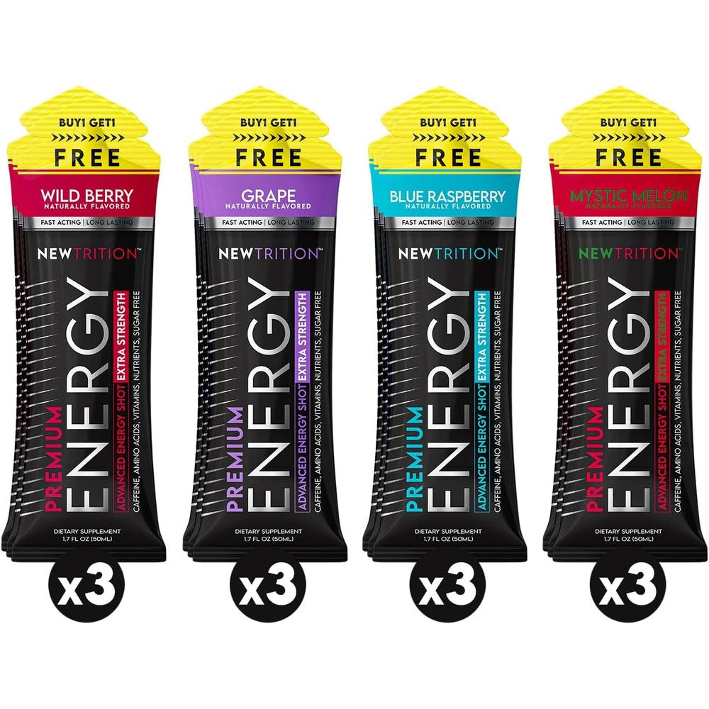 NewTrition Extra Strength Energy Shots pack of 12 front view for high caffeine boost.