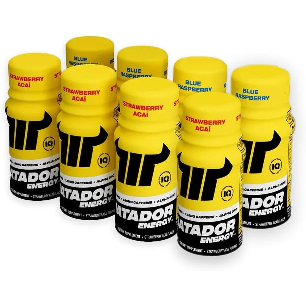 MATADOR Energy Shots Sampler 8 Pack front view of sugar free nootropic bottles.