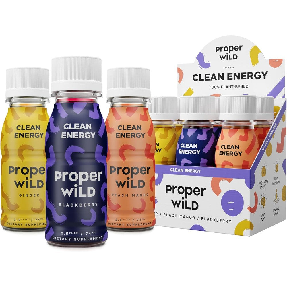 Proper Wild Vegan Energy Shots front view 6 pack variety.